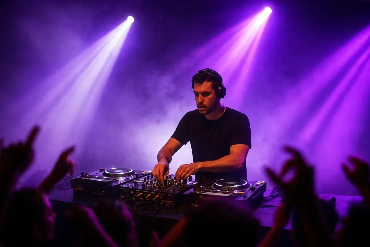 Ein DJ legt im pulsierenden Licht auf, während die Menge jubelt. Der DJ-Pool ist voller Energie und Musik.