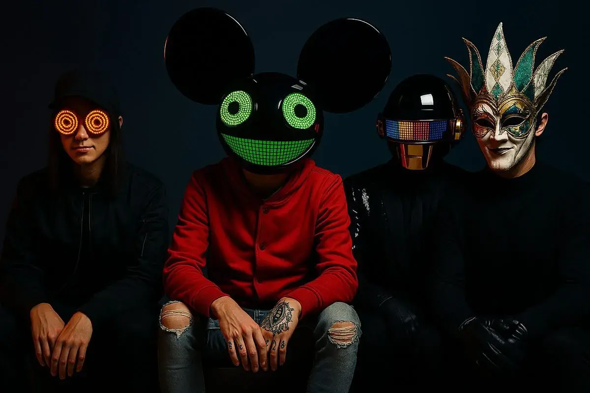 Vier DJs mit Masken: einer mit leuchtenden Augen, ein anderer mit Maus-Maske, ein dritter mit Daft Punk-Helm und ein vierter mit venezianischer Maske.