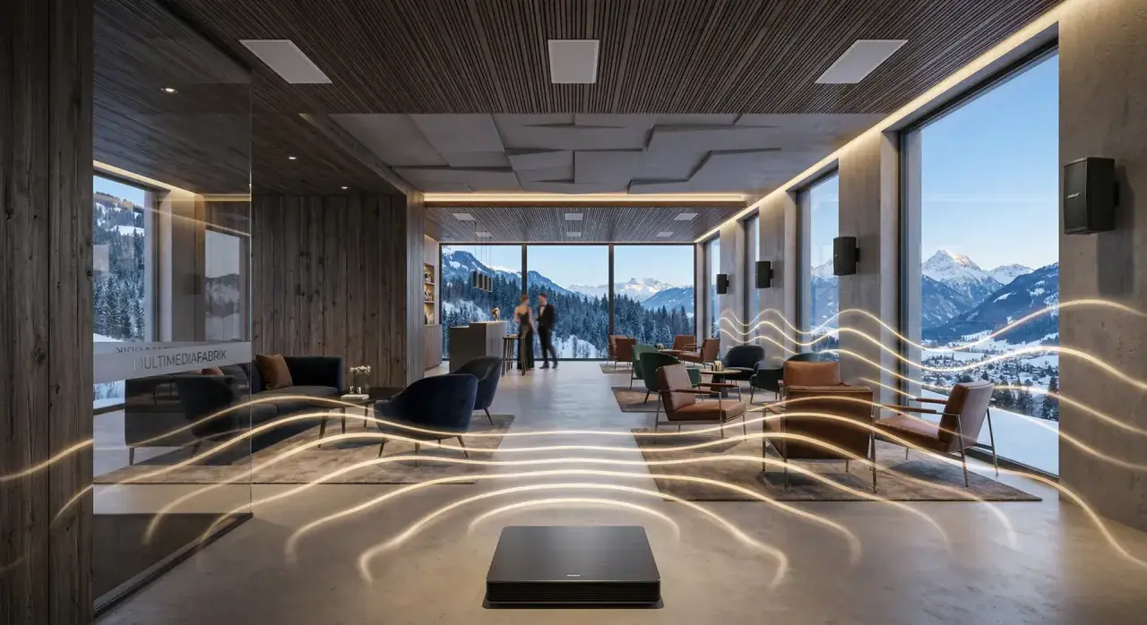 Moderne Lounge mit Bergblick, Bose-Lautsprecher für kraftvolle bass lieder, die den Raum erfüllen.