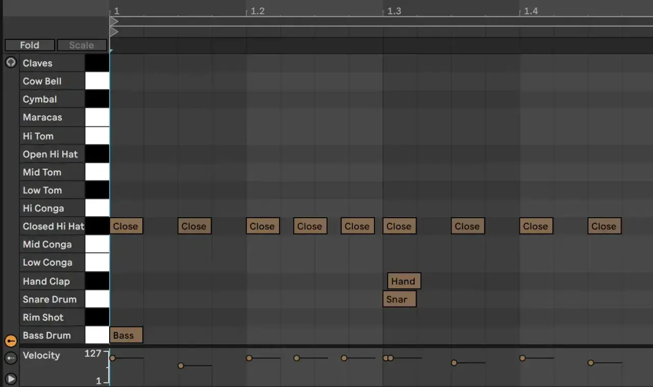 Ein trap beat pattern mit Hi-Hat, Bass Drum und Snare.