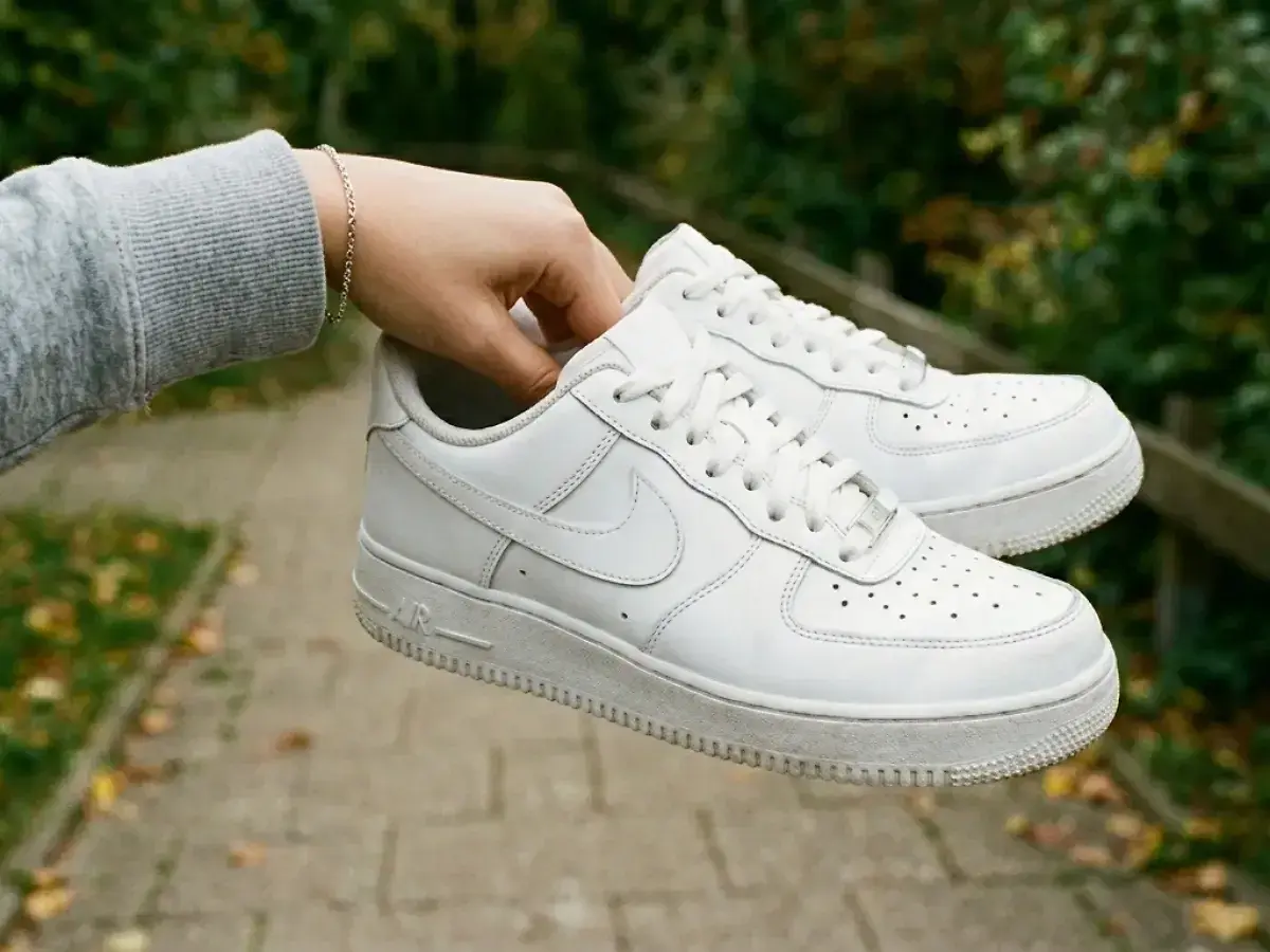 Ein Paar weiße Nike Air Force 1 Sneaker, gehalten von einer Hand. Diese Schuhe sind ein Klassiker und ein Symbol für Streetwear.