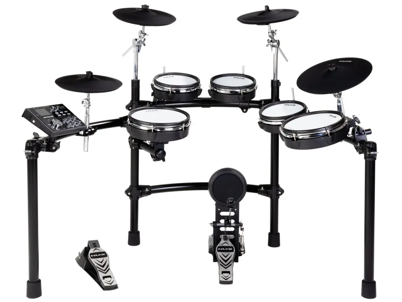 Elektronisches Schlagzeug mit Modul, Pads und Pedalen. Eine tolle e drum einsteiger empfehlung für angehende Musiker.