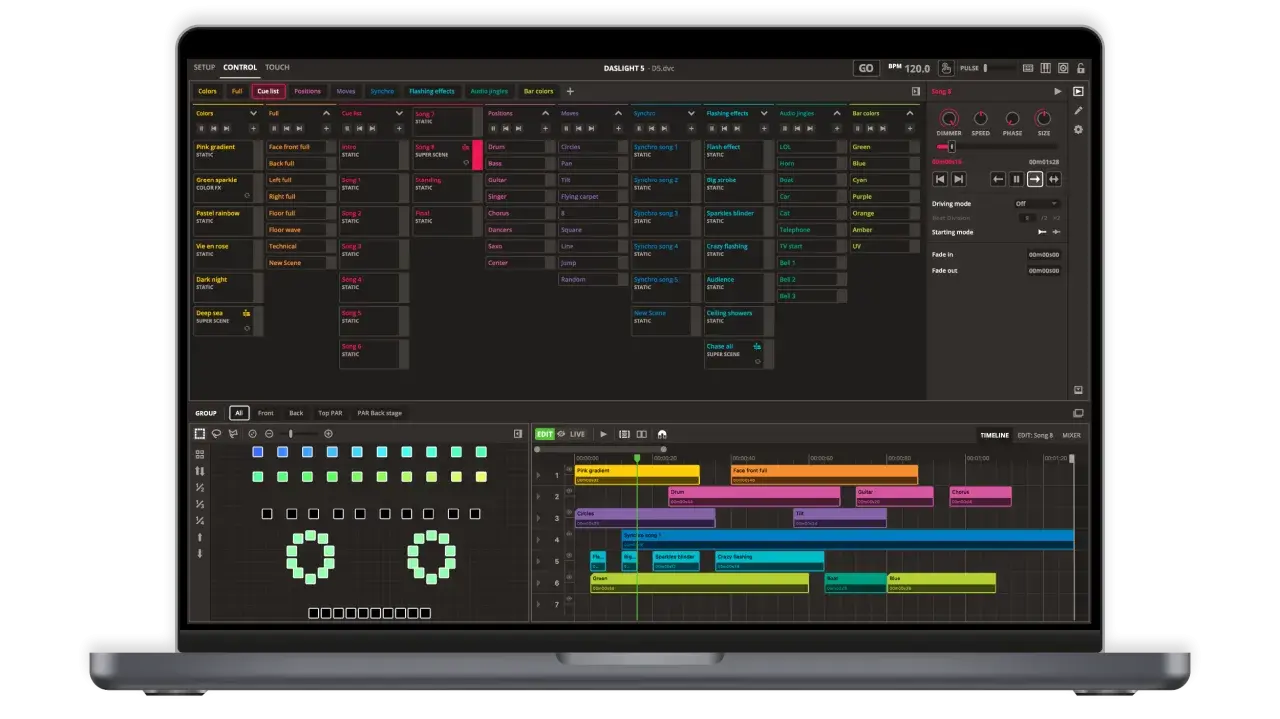 Lichtsteuerung Software: Ein Laptop zeigt eine Benutzeroberfläche zur Lichtprogrammierung mit Timelines, Farben und Effekten.