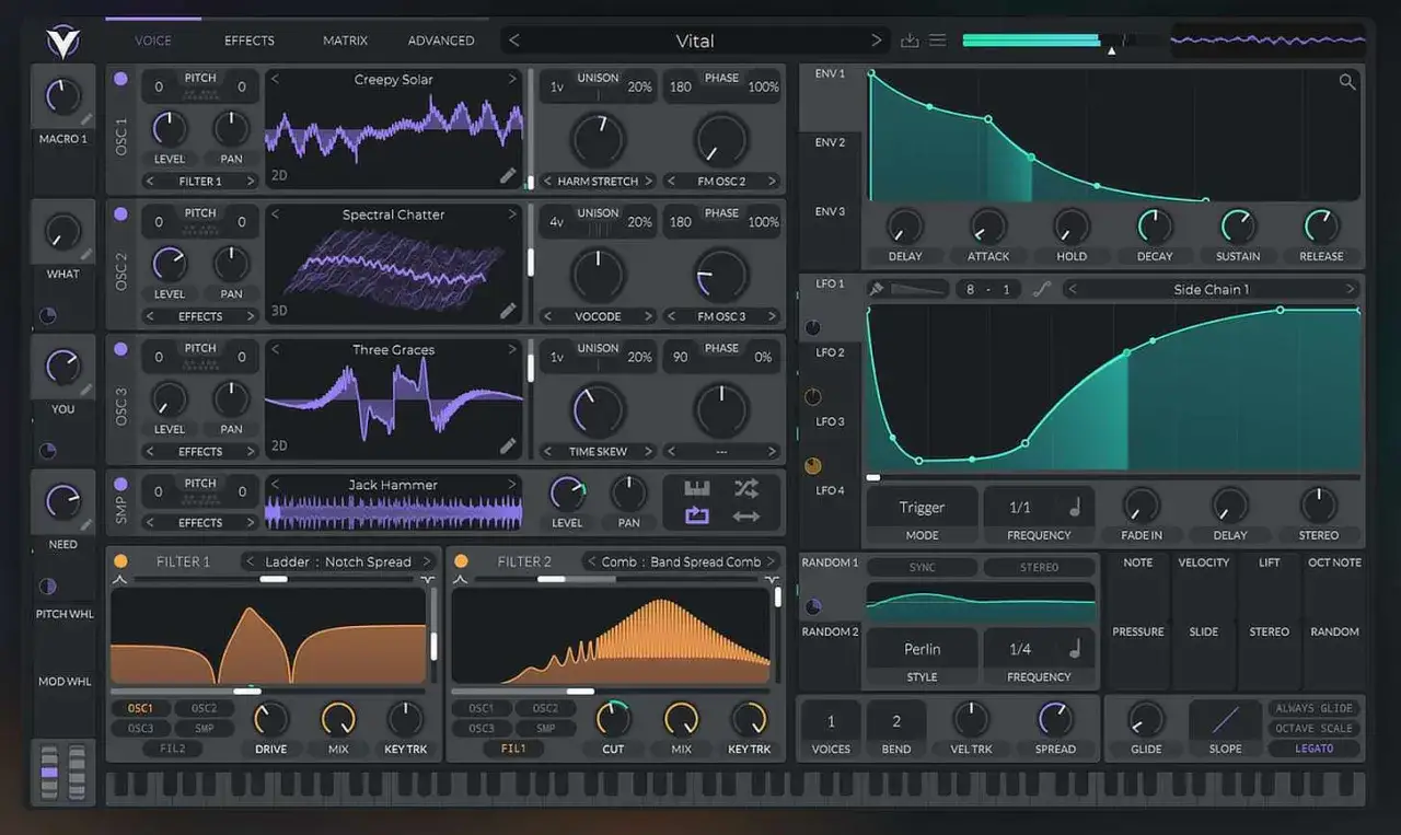 Ein free synthesizer mit vielen Einstellungsm&ouml;glichkeiten: Oszillatoren, Filter, H&uuml;llkurven und LFOs.