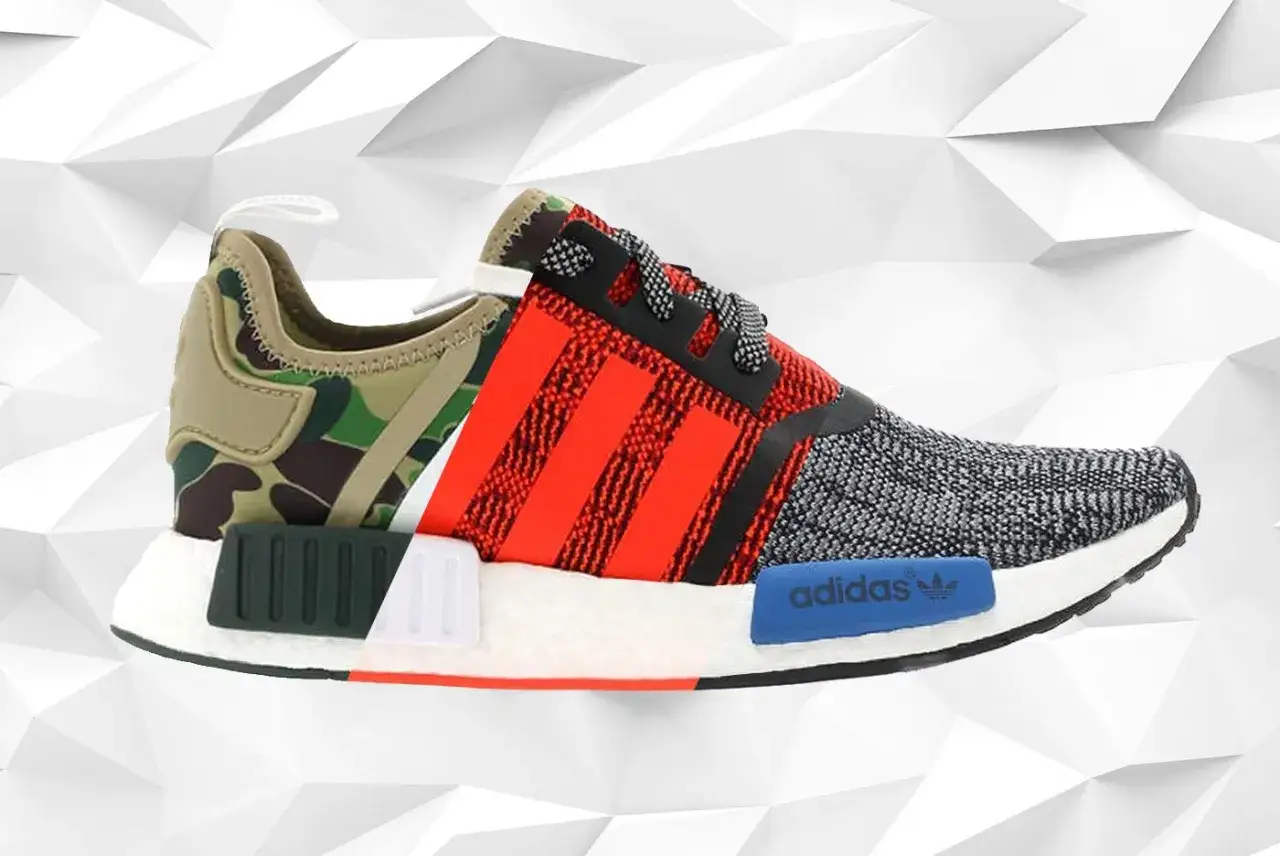 Ein bunter Adidas NMD Sneaker mit Camouflage-Muster und roten Streifen. Ein echter Hingucker, vielleicht einer der teuerste Adidas Schuhe.