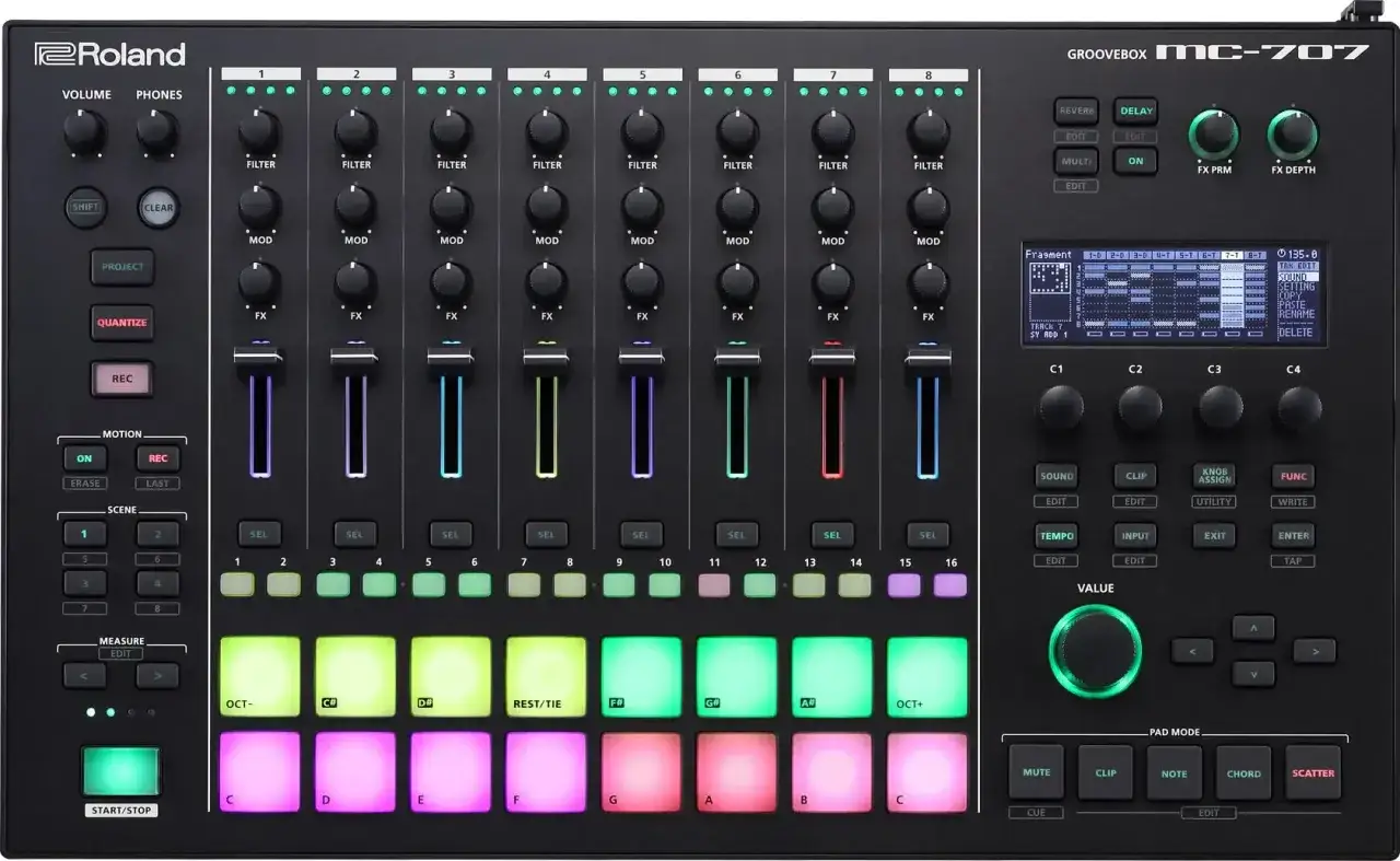 Roland MC-707 Groovebox mit vielen Kn&ouml;pfen und Pads, bereit f&uuml;r dein n&auml;chstes Ableton move.