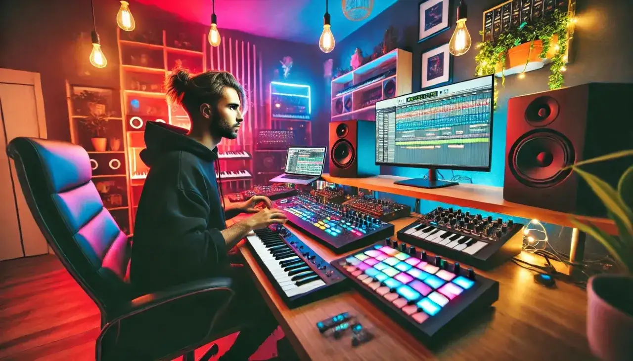 Mann in dunklem Hoodie kreiert einen trap beat in seinem beleuchteten Musikstudio mit Keyboards, Pads und Monitoren.