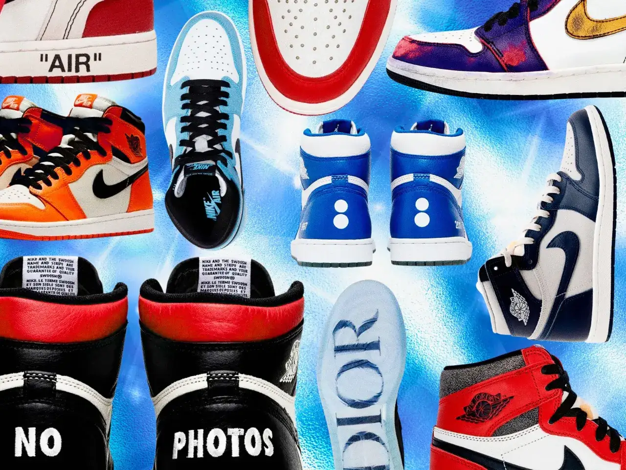 Kollektion von Air Jordan 1 Sneakern, darunter der erste Air Jordan, in verschiedenen Farben und Designs.