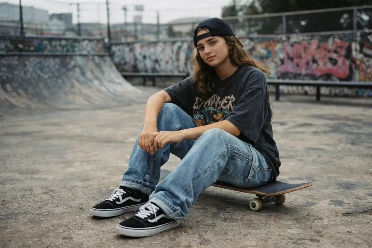 Rayssa Leal, l&auml;ssig auf ihrem Skateboard sitzend, mit Jeans und einem Band-T-Shirt, bereit f&uuml;r den n&auml;chsten Trick im Skatepark.