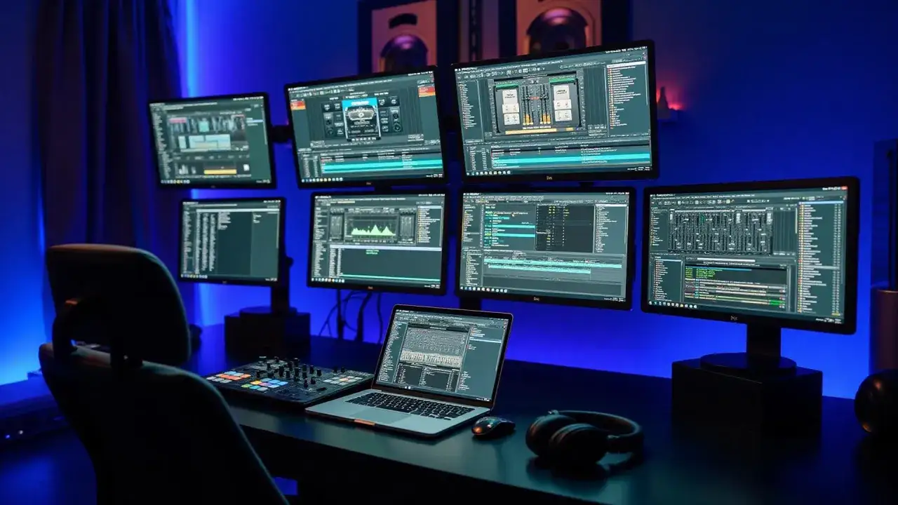 Ein Studio mit mehreren Monitoren, die DJ-Software anzeigen, daneben ein Laptop, Controller und Kopfh&ouml;rer.