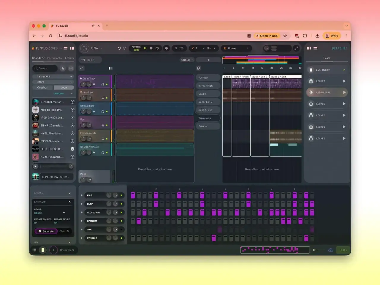 FL Studio Web-Oberfl&auml;che mit Spuren f&uuml;r Drums, Bass und Vocals. Ein Beat wird im Step-Sequenzer erstellt, w&auml;hrend im Hintergrund ein fl cloud-Symbol zu sehen ist.