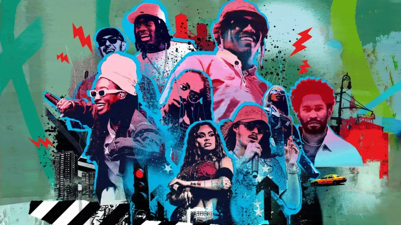 Collage mit K&uuml;nstlern des amerikanischen Rap. Bunte, energiegeladene Darstellung mit urbanen Elementen und Blitz-Symbolen.