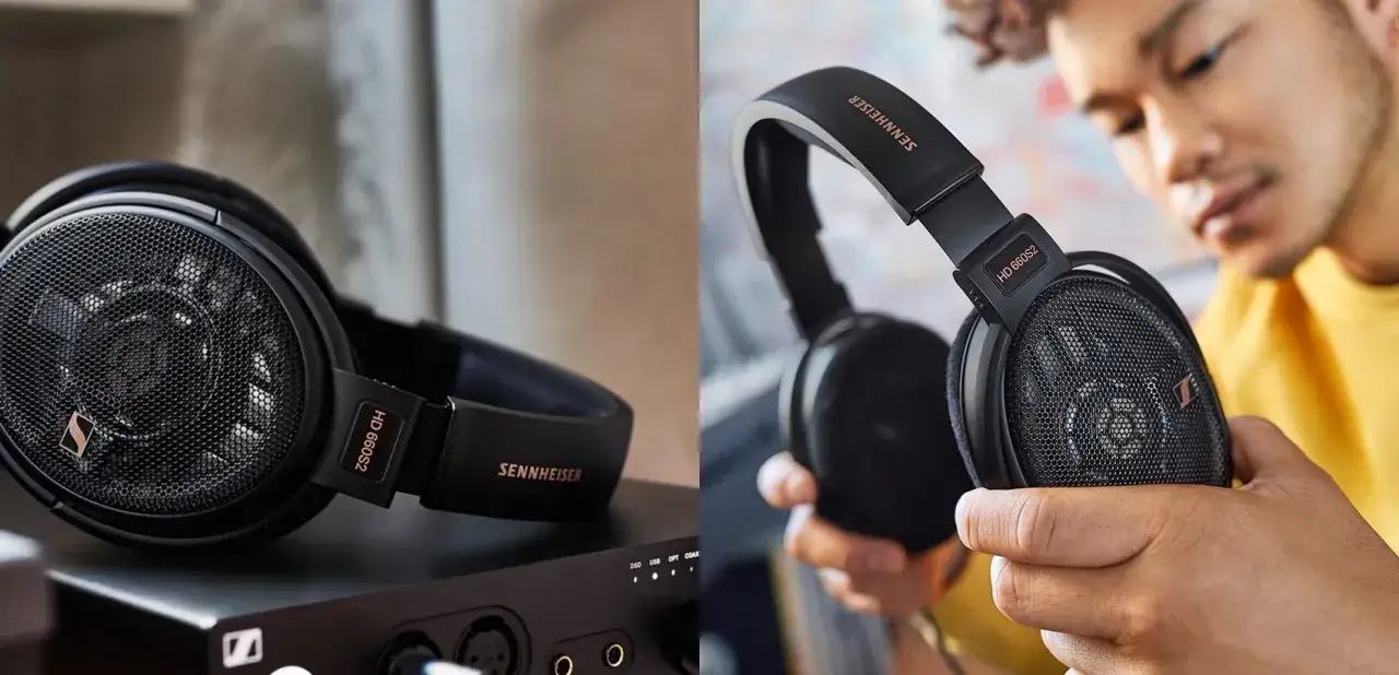 Nahaufnahme der Sennheiser HD 660S2 Kopfhörer, die für einen Test bereitstehen. Ein Mann hält sie in der Hand.