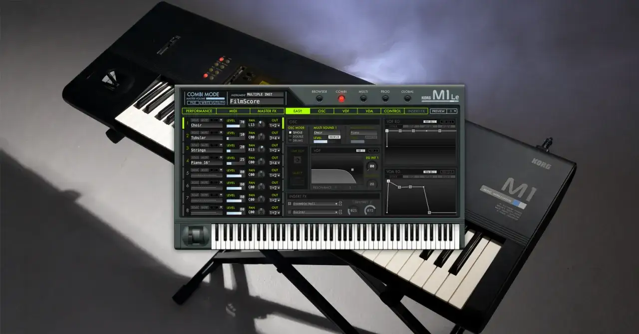 Korg M1 VST-Interface auf einem Korg M1 Keyboard. Der Bildschirm zeigt die 