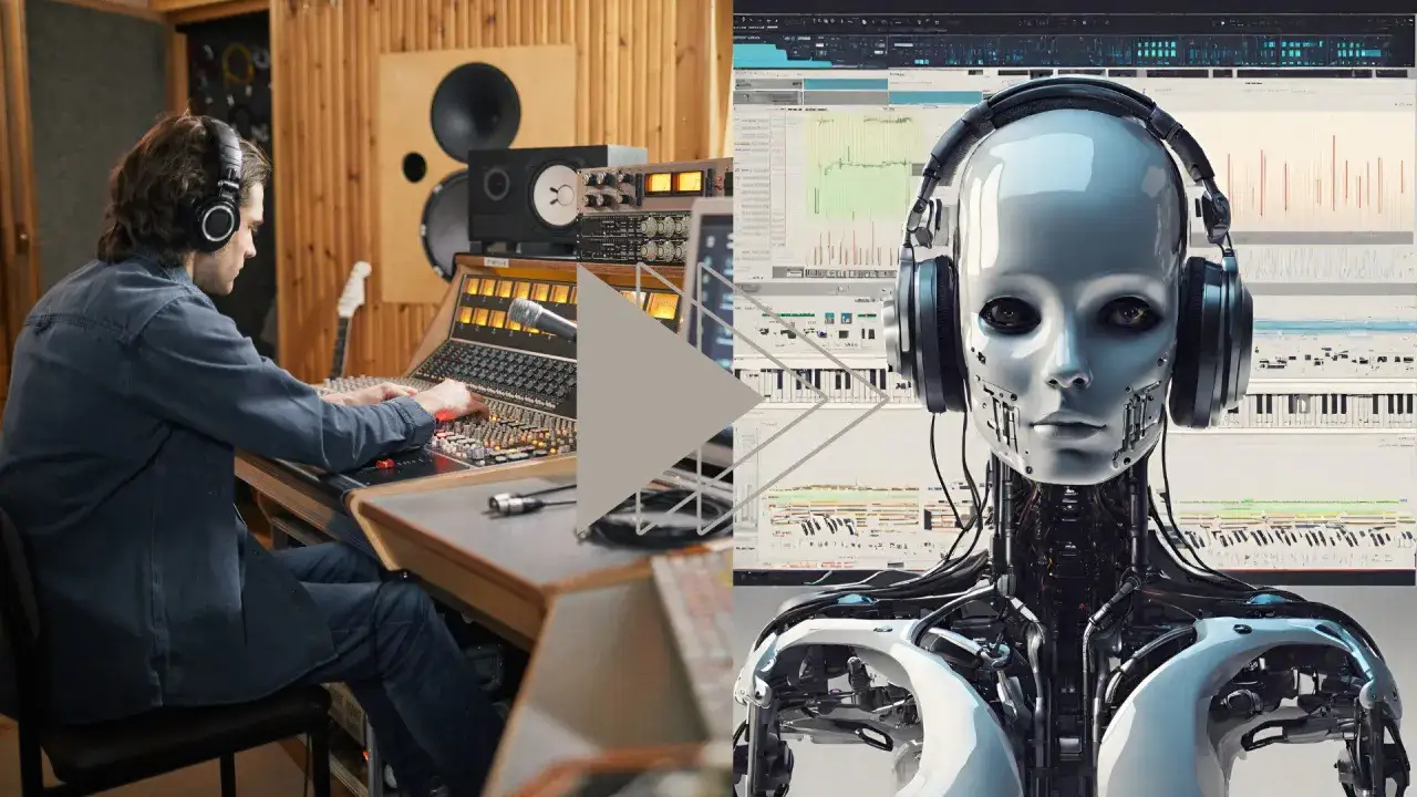 Ein Mann im Tonstudio mischt Musik, w&auml;hrend eine KI-Stimme mit Kopfh&ouml;rern auf dem rechten Bild zu sehen ist, umgeben von digitalen Wellenformen.