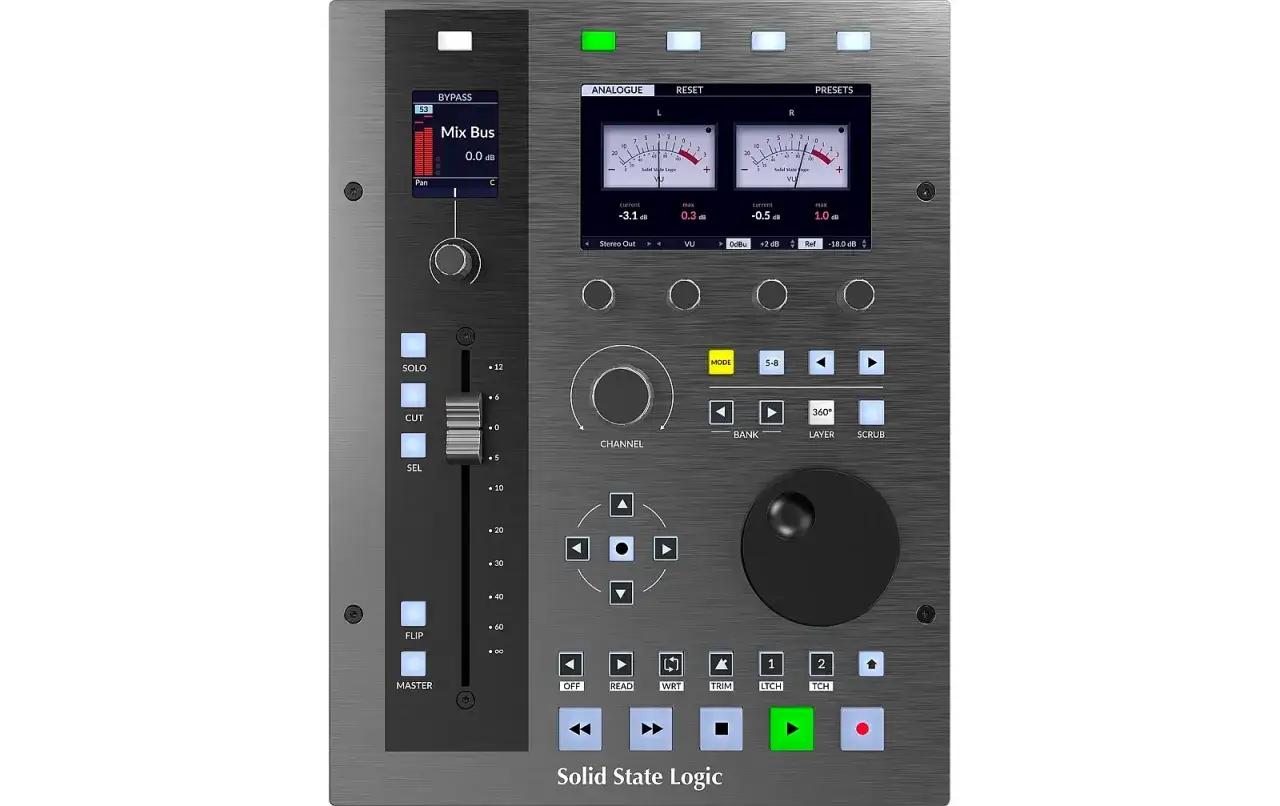 Bedienfeld eines Solid State Logic Mischpults mit VU-Metern, Fader und Kn&ouml;pfen.