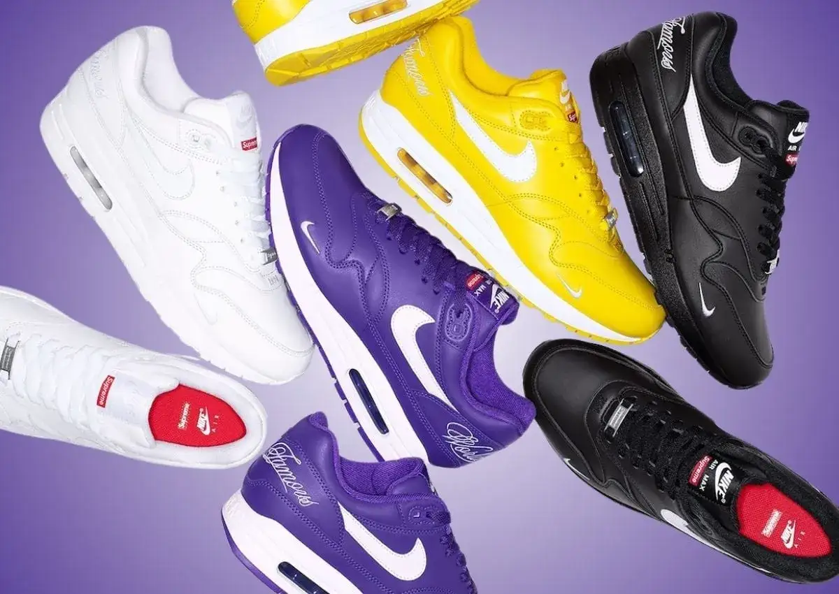 Bunte Air Max Sneaker in Weiß, Gelb, Lila und Schwarz. Ein aufregender Air Max Release, der die Straße erobert.