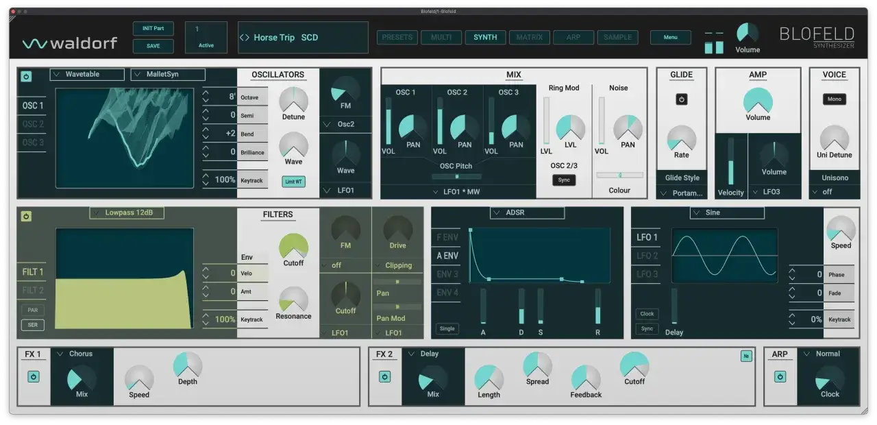 Waldorf Blofeld Synthesizer-Interface mit Oszillatoren, Filtern, Effekten und ADSR-Hüllkurven.