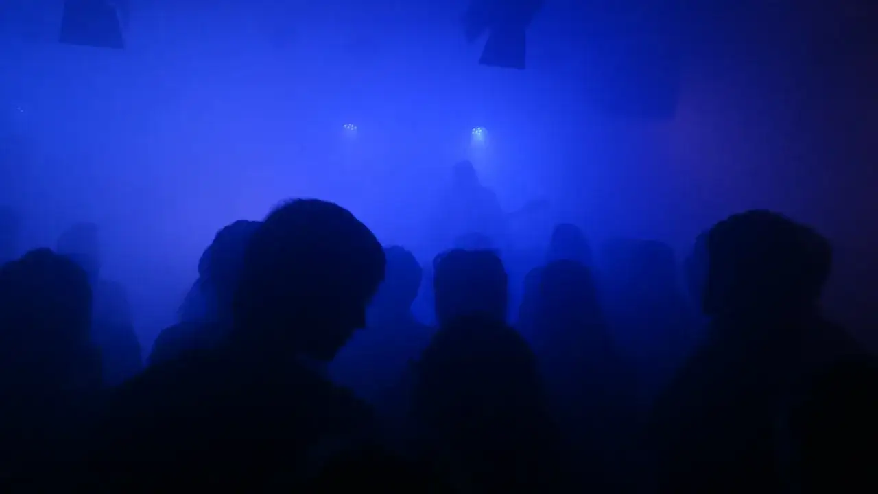 Silhouetten von Menschen in blauem Nebel, die auf einen DJ oder Musiker blicken. Die Stimmung ist elektrisierend, wie bei aktuellen DJ News.