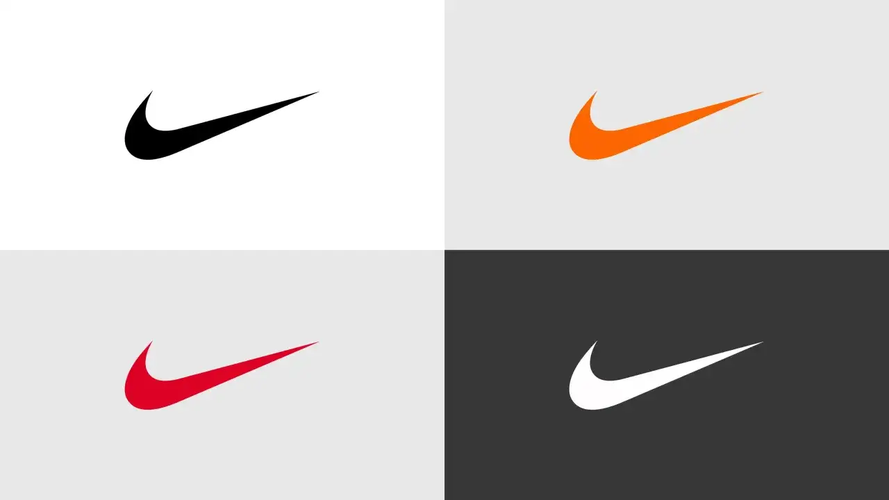 Vierfarbige Darstellung des Nike-Logos, die die Nike Logo Entwicklung illustriert: Schwarz, Orange, Rot und Wei&szlig;.