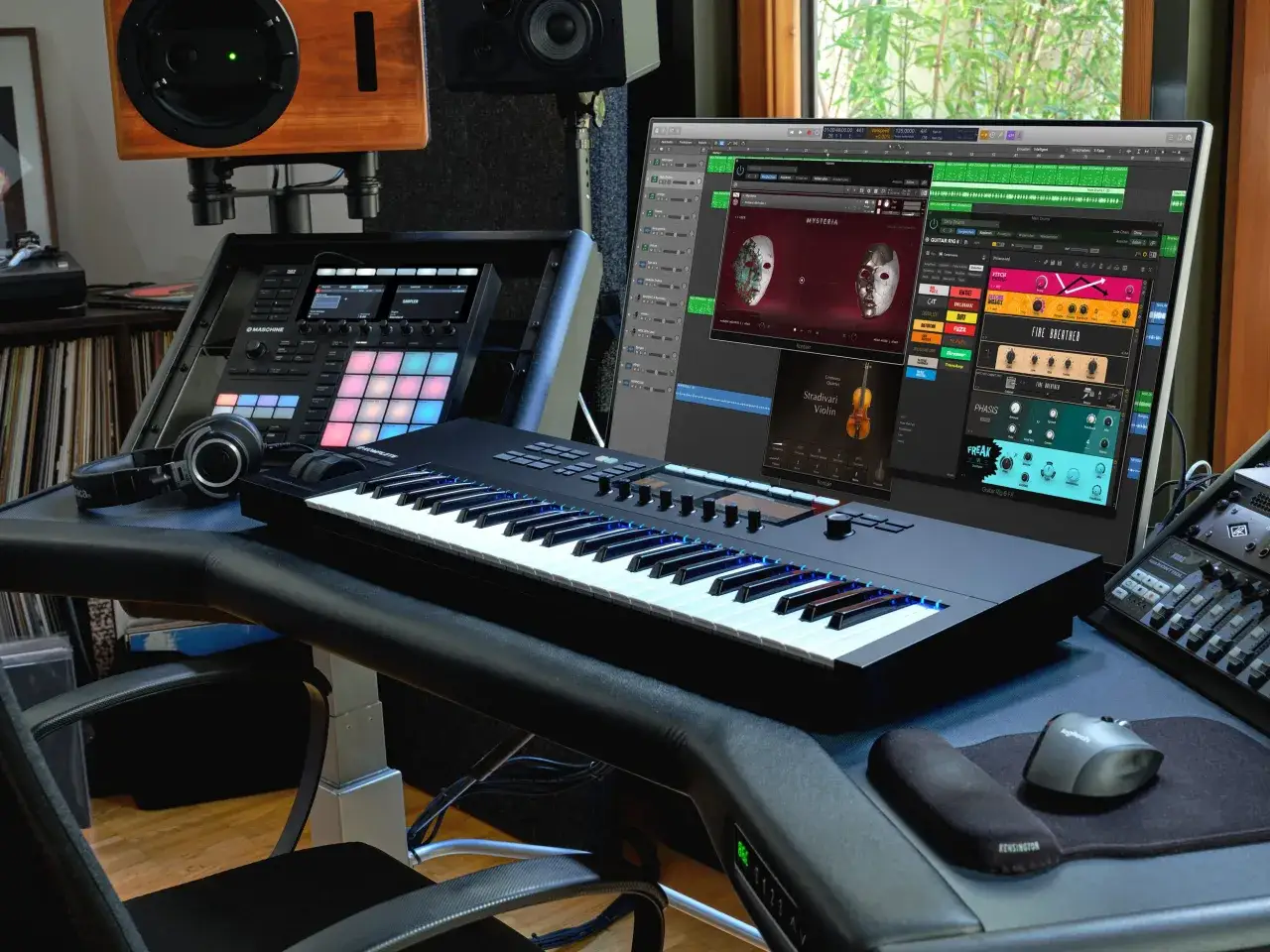 Ein Musikstudio mit einem Keyboard, einem Native Instruments Maschine Controller und einem Computerbildschirm, der eine DAW-Software mit virtuellen Instrumenten zeigt.