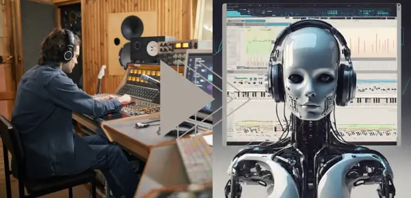 Ein Mann im Tonstudio mischt Musik, während eine KI mit Kopfhörern auf dem Bildschirm den **sound ki**-Prozess überwacht.