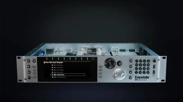 Das Eventide H9000 mit seinem Display, das "Hip-Hop Session" anzeigt, bereit für kreative Klangerzeugung.